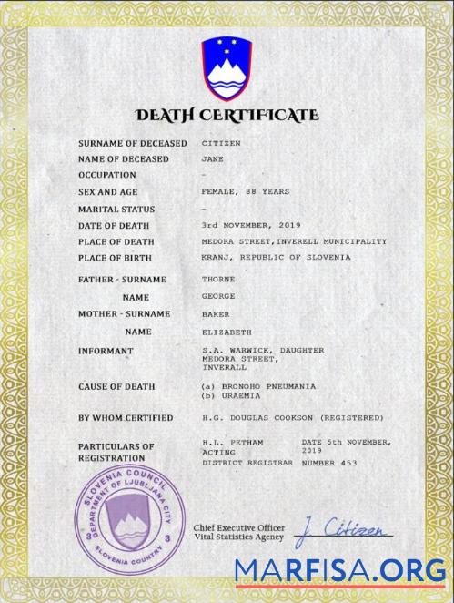 Printable Slovenia death certificate PSD template